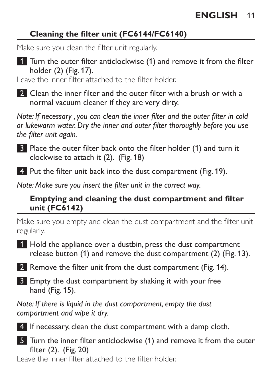 Cleaning the filter unit (fc6144/fc6140) | Philips FC6142 User Manual | Page 11 / 160