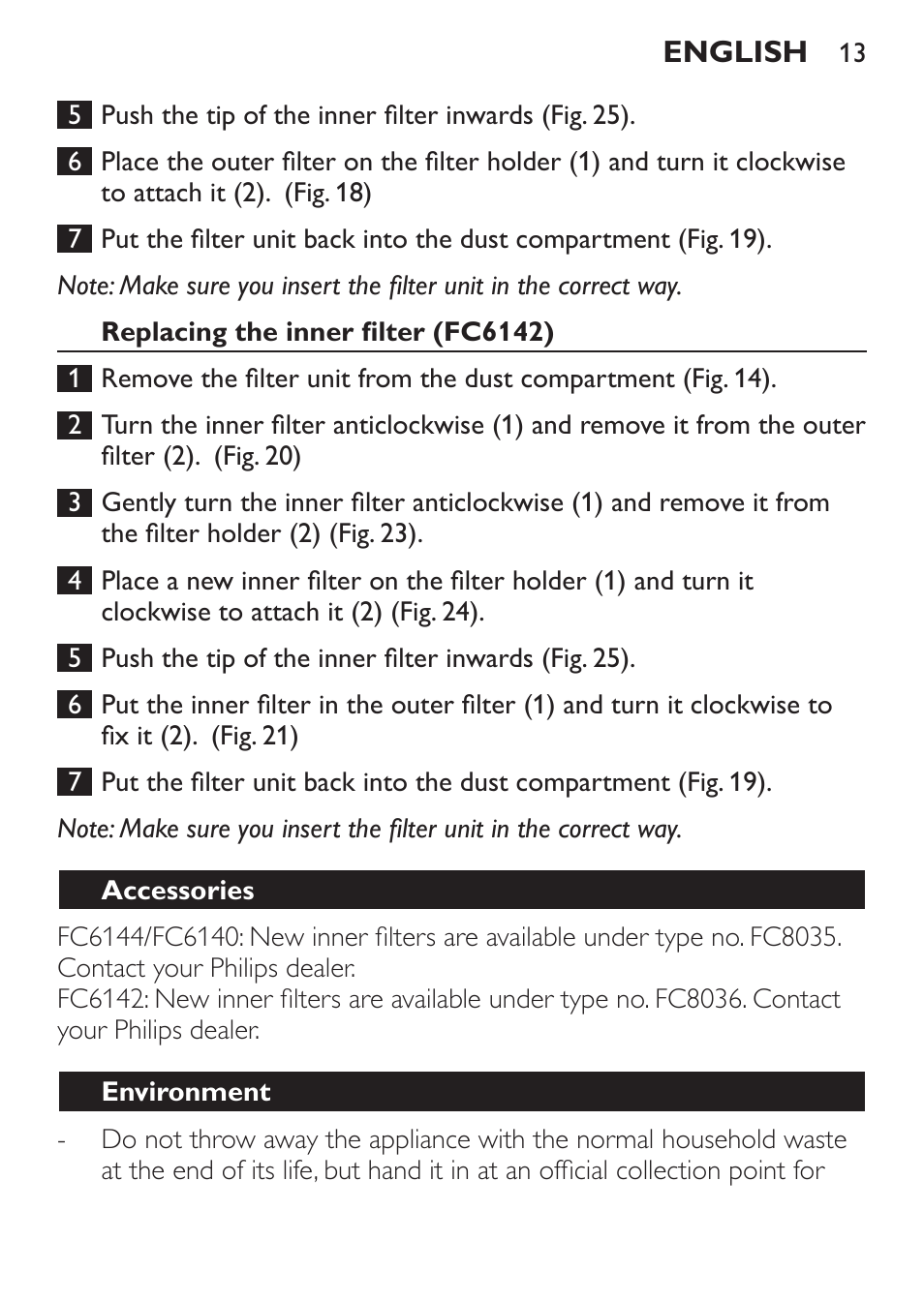 Replacing the inner filter (fc6142), Accessories, Environment | Philips FC6142 User Manual | Page 13 / 160