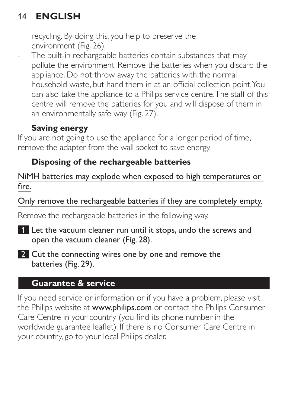 Saving energy, Disposing of the rechargeable batteries, Guarantee & service | Philips FC6142 User Manual | Page 14 / 160