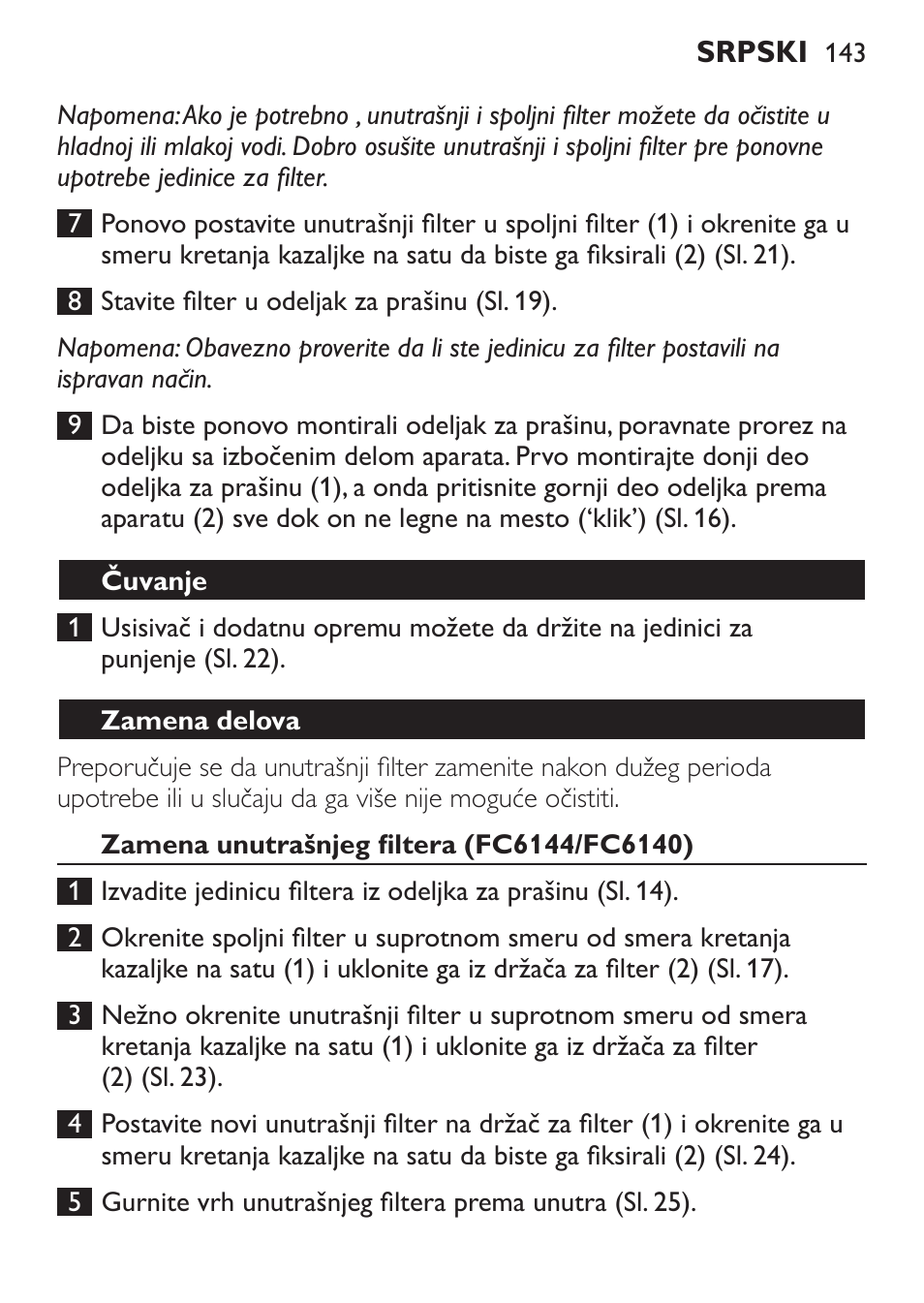 Čuvanje, Zamena delova, Zamena unutrašnjeg filtera (fc6144/fc6140) | Philips FC6142 User Manual | Page 143 / 160