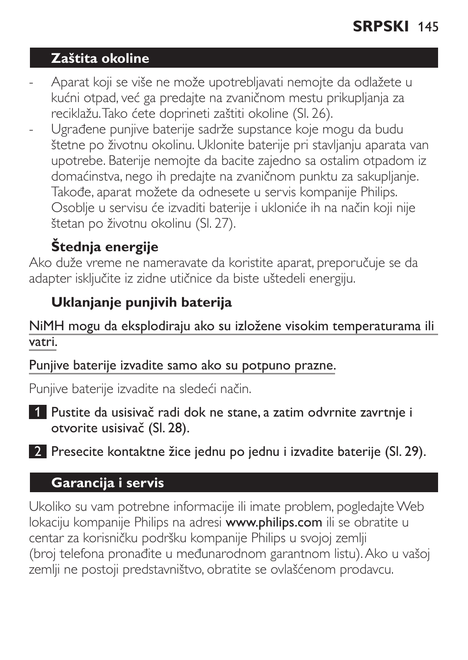 Štednja energije, Uklanjanje punjivih baterija, Zaštita okoline | Garancija i servis | Philips FC6142 User Manual | Page 145 / 160