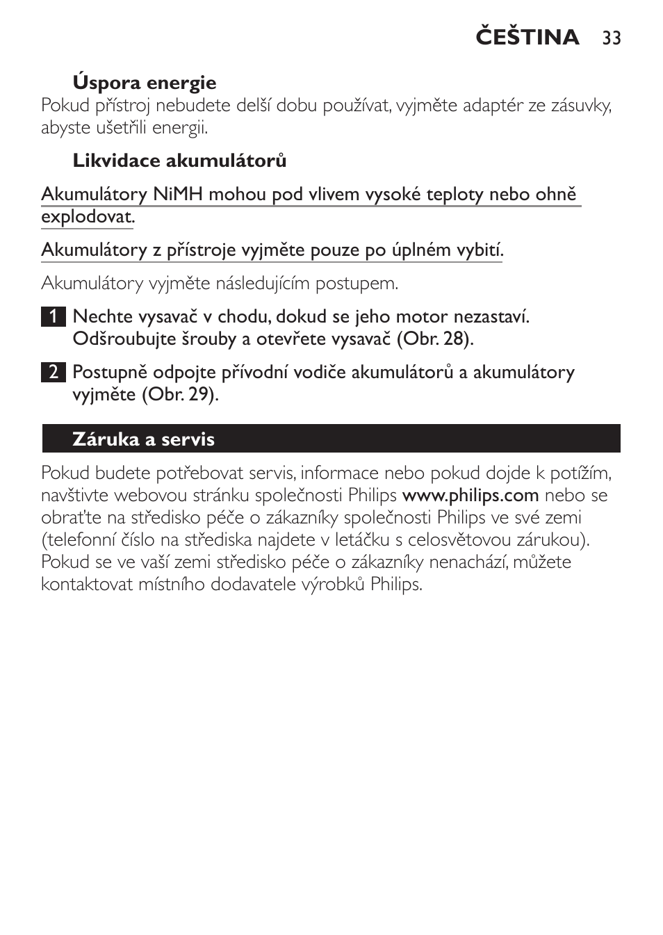 Úspora energie, Likvidace akumulátorů, Záruka a servis | Philips FC6142 User Manual | Page 33 / 160