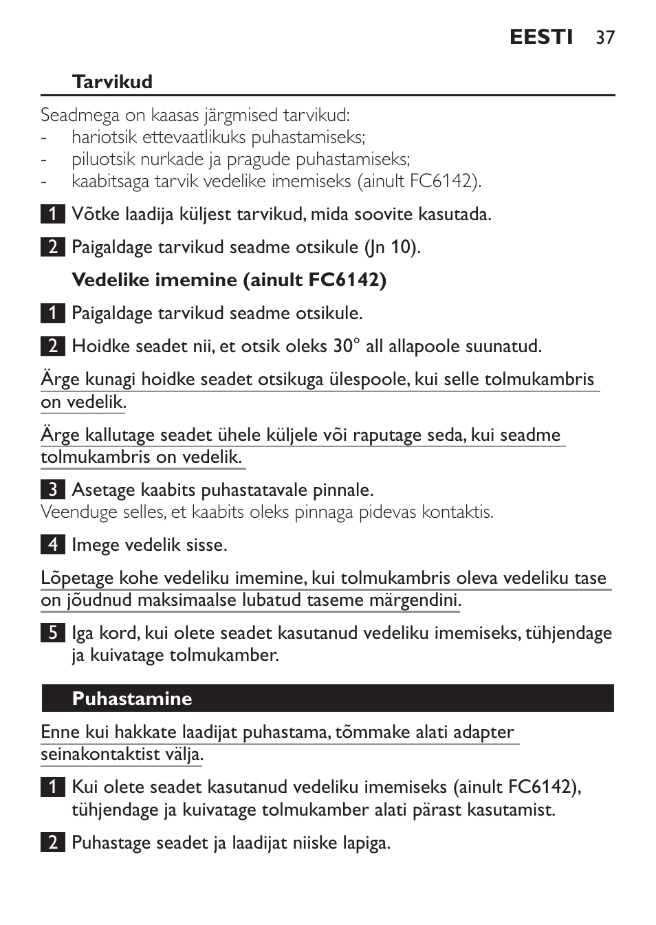 Vedelike imemine (ainult fc6142), Puhastamine | Philips FC6142 User Manual | Page 37 / 160