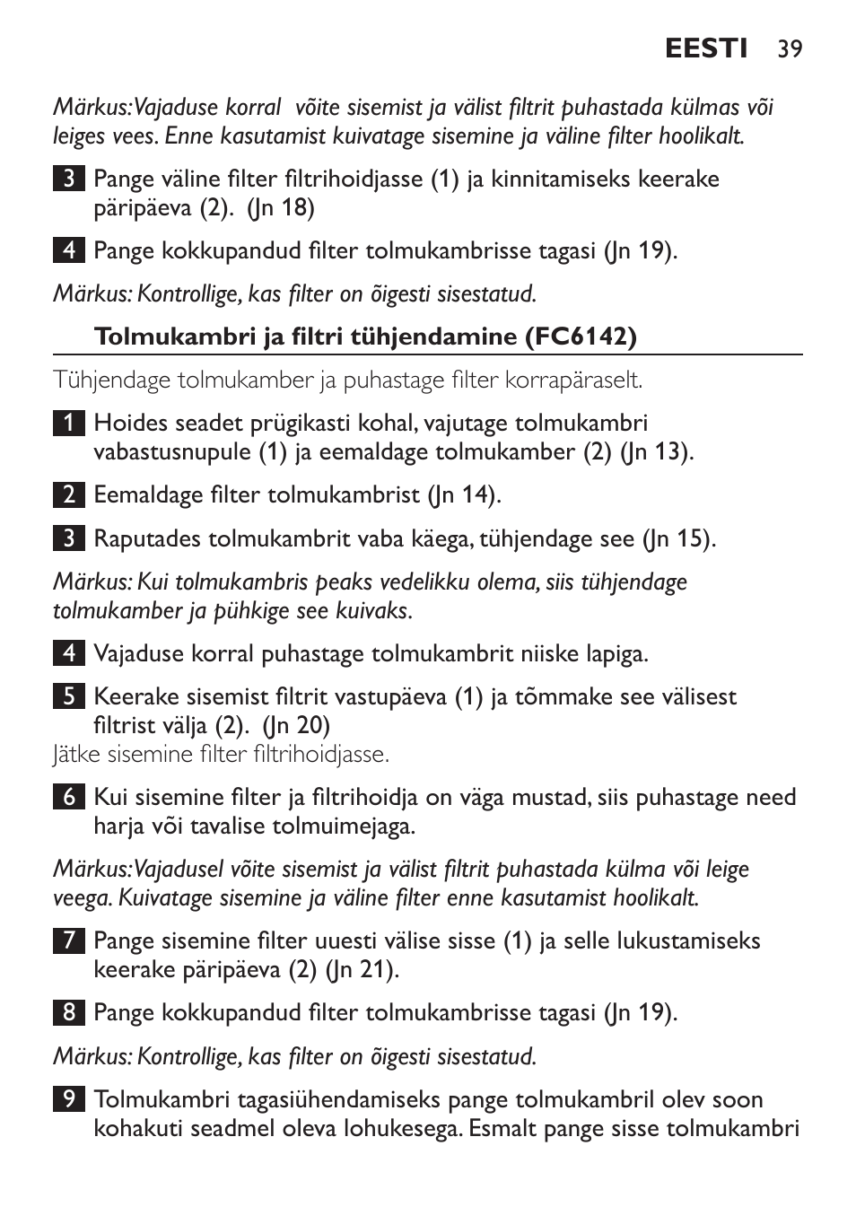 Tolmukambri ja filtri tühjendamine (fc6142) | Philips FC6142 User Manual | Page 39 / 160