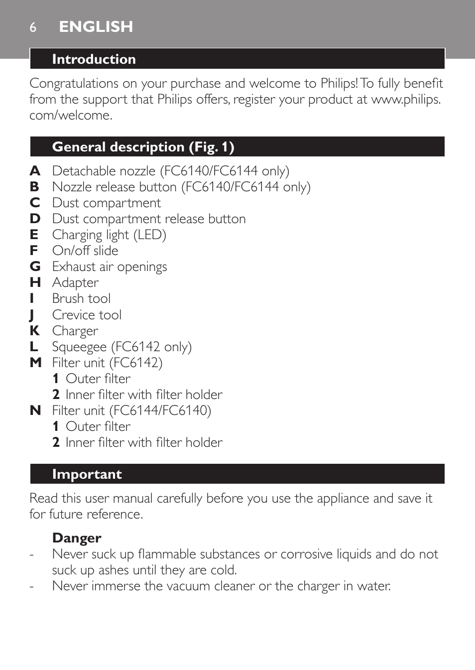 English, Introduction, General description (fig. 1) | Important, Danger | Philips FC6142 User Manual | Page 6 / 160