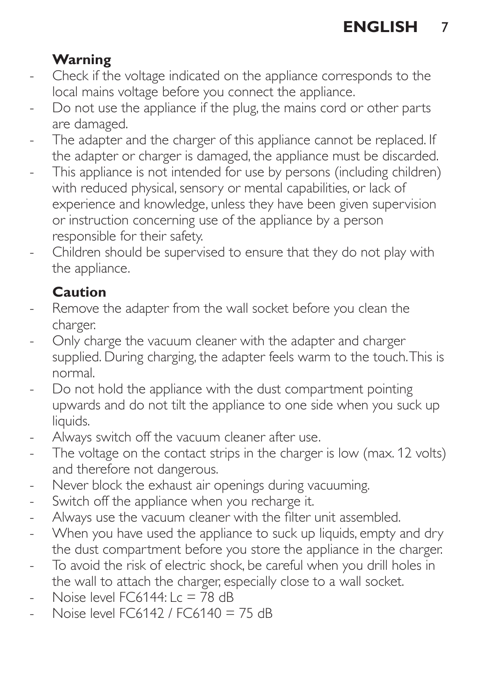 Warning, Caution | Philips FC6142 User Manual | Page 7 / 160