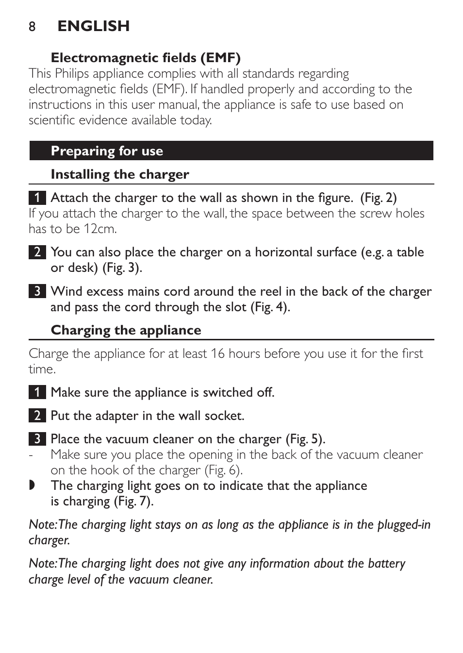 Electromagnetic fields (emf), Preparing for use, Installing the charger | Charging the appliance | Philips FC6142 User Manual | Page 8 / 160