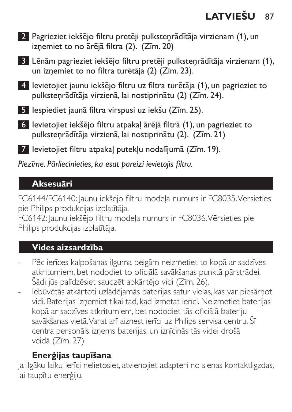 Enerģijas taupīšana, Aksesuāri, Vides aizsardzība | Philips FC6142 User Manual | Page 87 / 160