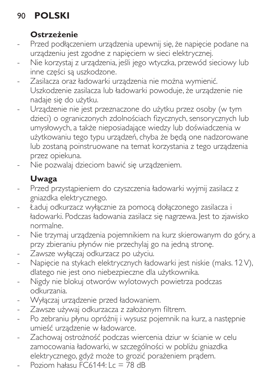 Ostrzeżenie, Uwaga | Philips FC6142 User Manual | Page 90 / 160