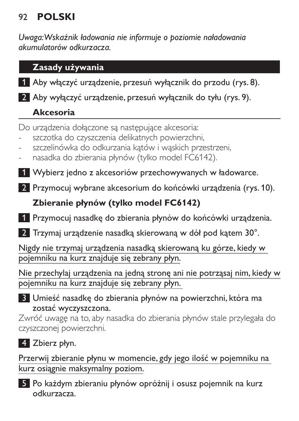 Zasady używania, Akcesoria, Zbieranie płynów (tylko model fc6142) | Philips FC6142 User Manual | Page 92 / 160