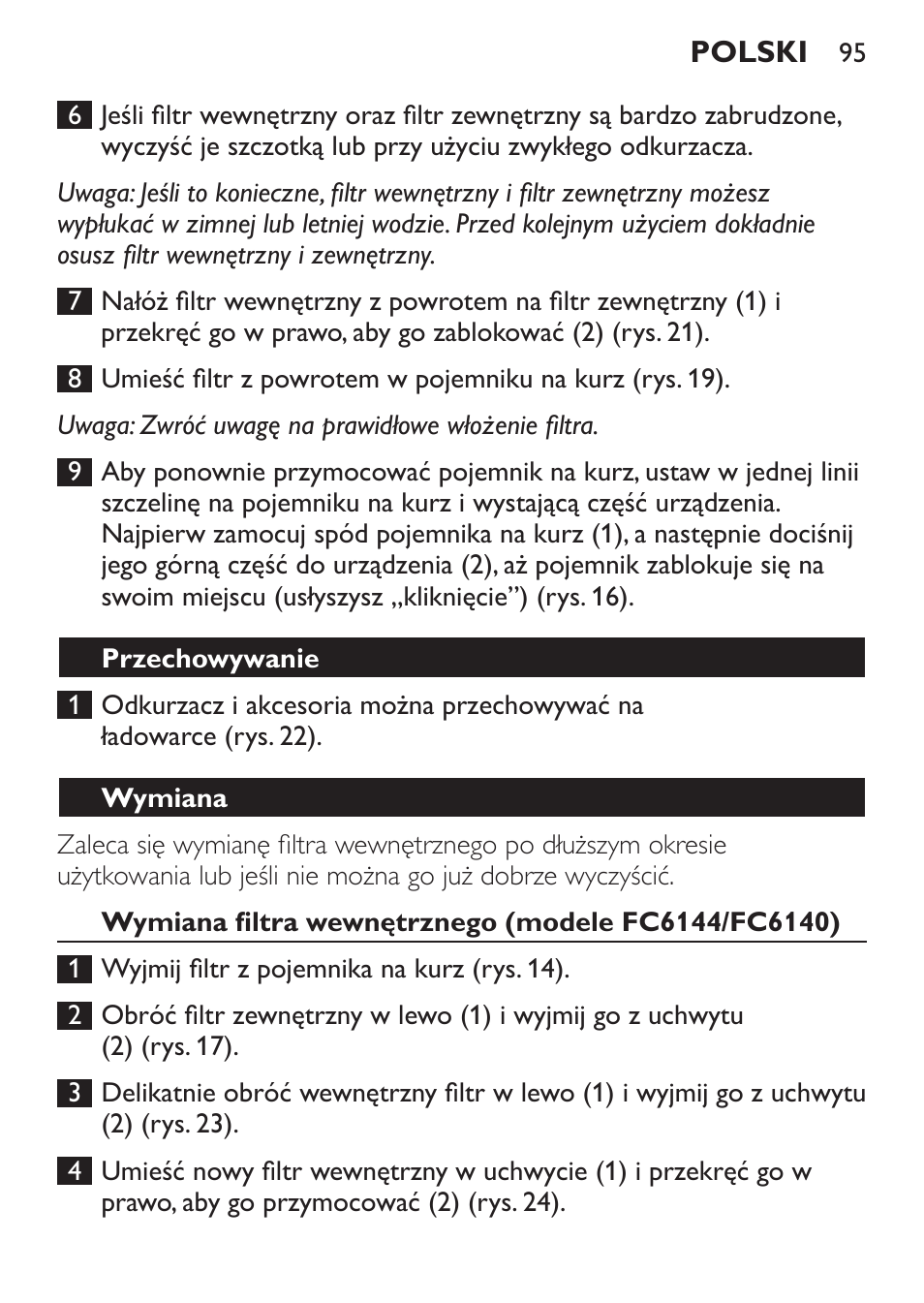 Przechowywanie, Wymiana, Wymiana filtra wewnętrznego (modele fc6144/fc6140) | Philips FC6142 User Manual | Page 95 / 160