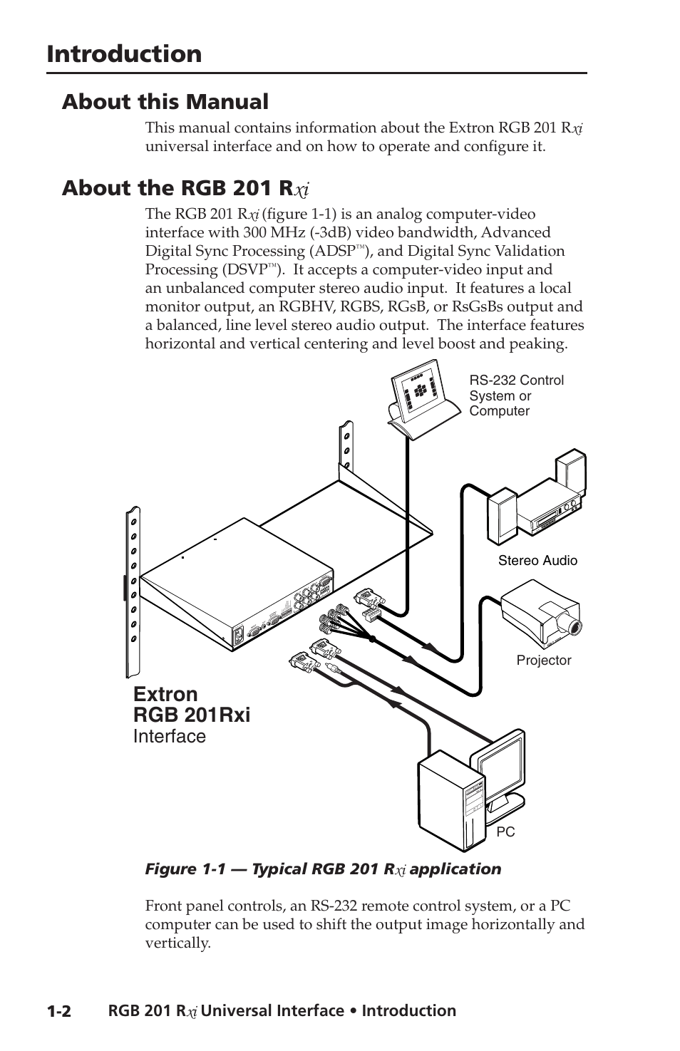 About this manual, About the rgb 201 rxi, About the rgb 201 r xi | Introduction, Introduction, cont’d, Extron rgb 201rxi, Interface, Rgb 201 r xi universal interface • introduction, And digital sync validation processing (dsvp | Extron Electronics RGB 201 User Manual | Page 10 / 46