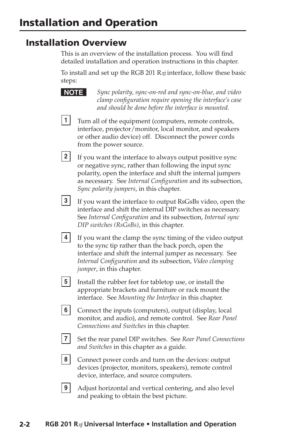 Installation overview, Installation and operation | Extron Electronics RGB 201 User Manual | Page 14 / 46