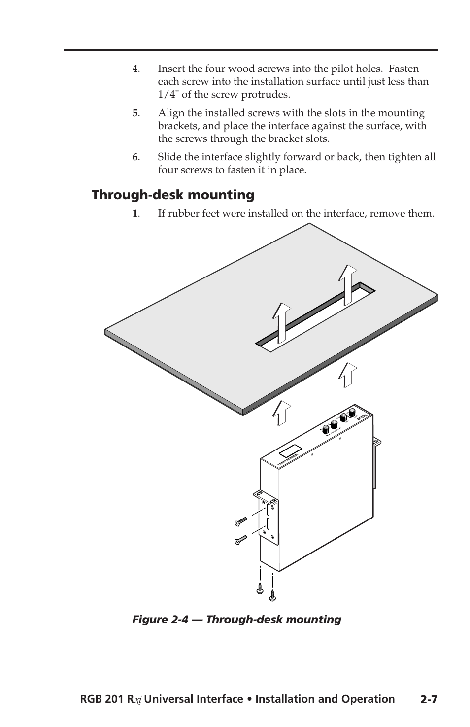 Through-desk mounting, Through-desk mounting -7, Figure 2-4 — through-desk mounting | Extron Electronics RGB 201 User Manual | Page 19 / 46