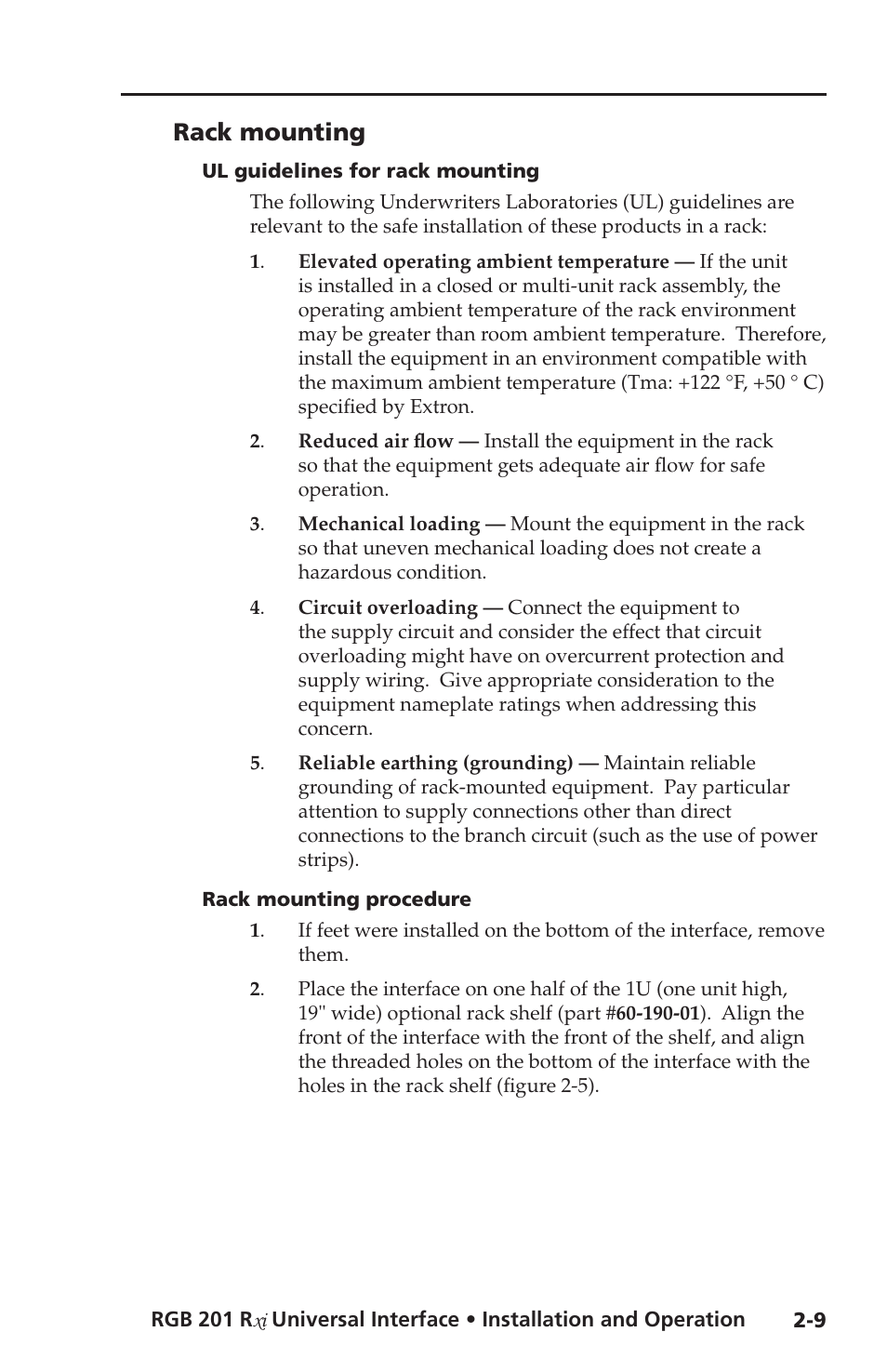 Rack mounting, Ul guidelines for rack mounting, Rack mounting procedure | Rack mounting -9 | Extron Electronics RGB 201 User Manual | Page 21 / 46