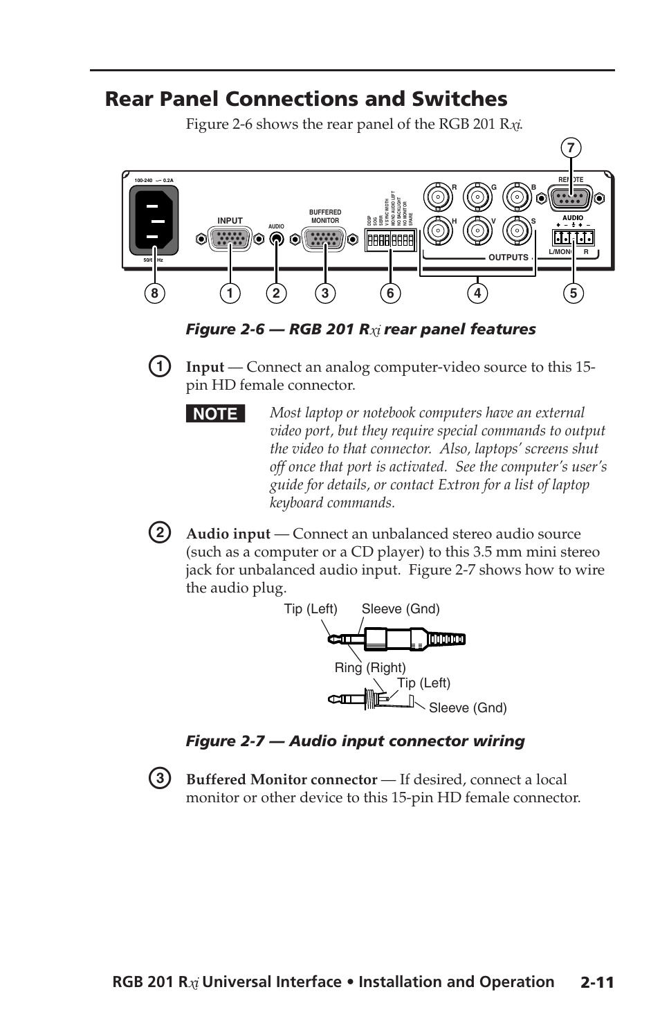 Rear panel connections and switches, Ol. see rear panel, Connections and switches | In this chapter, Switches. see rear panel connections, And switches, In this chapter as a guide, Figure 2-7 — audio input connector wiring | Extron Electronics RGB 201 User Manual | Page 23 / 46