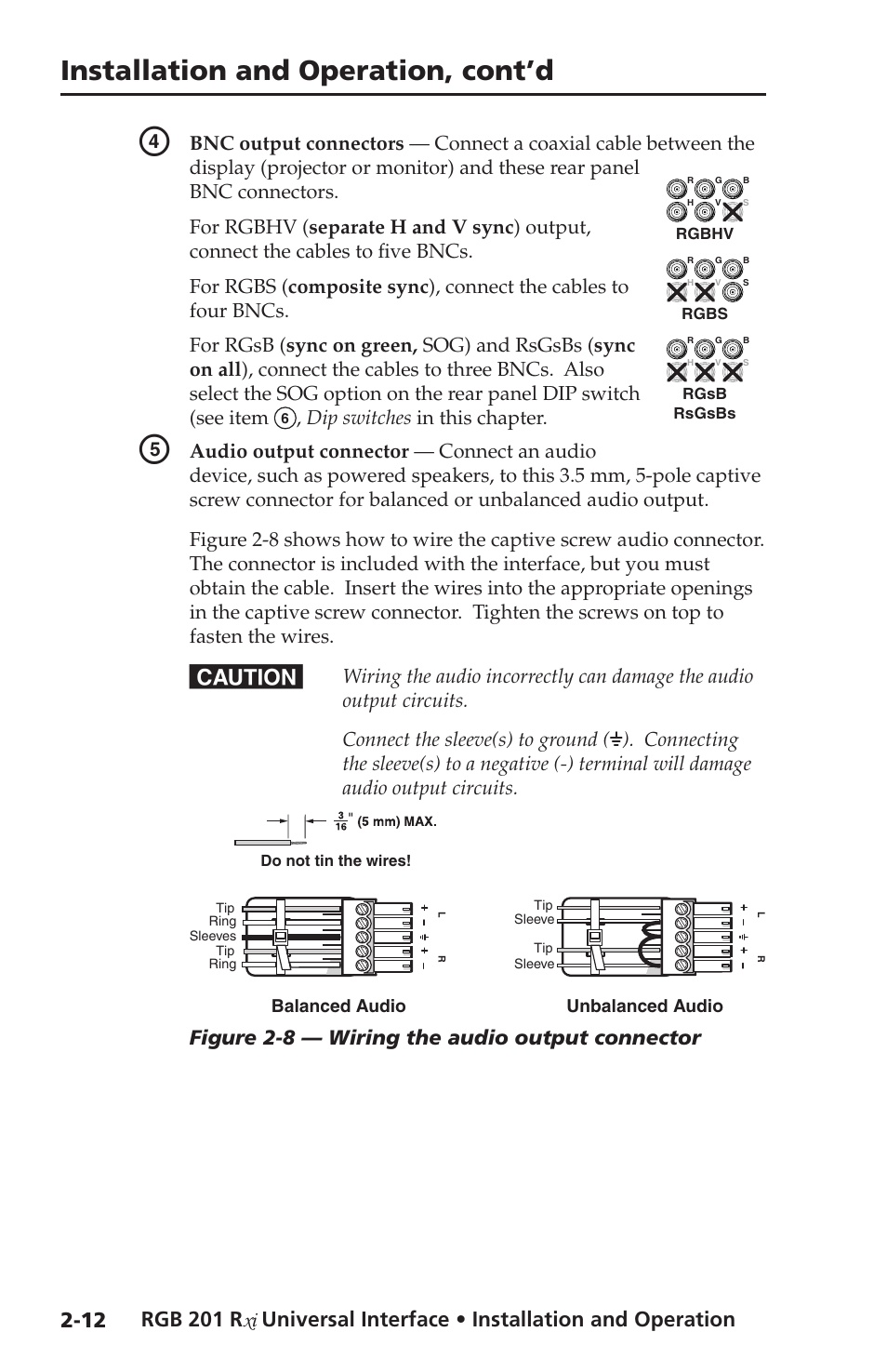 Installation and operation, cont’d, Figure 2-8 — wiring the audio output connector, Dip switches in this chapter | Extron Electronics RGB 201 User Manual | Page 24 / 46