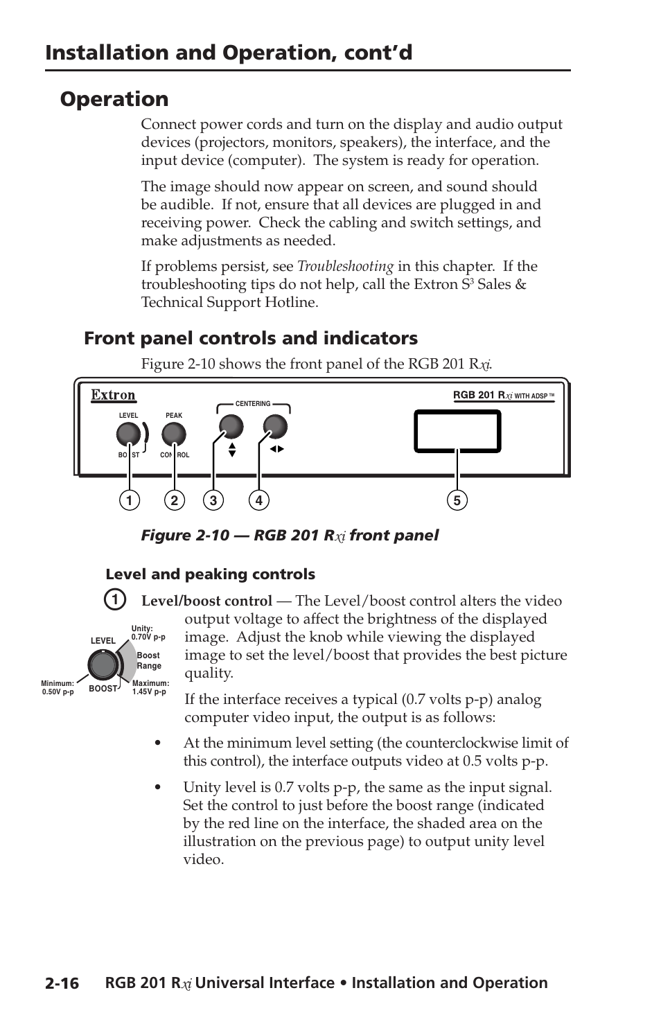 Operation, Front panel controls and indicators, Level and peaking controls | Front panel controls and indicators -16, Installation and operation, cont’d operation | Extron Electronics RGB 201 User Manual | Page 28 / 46