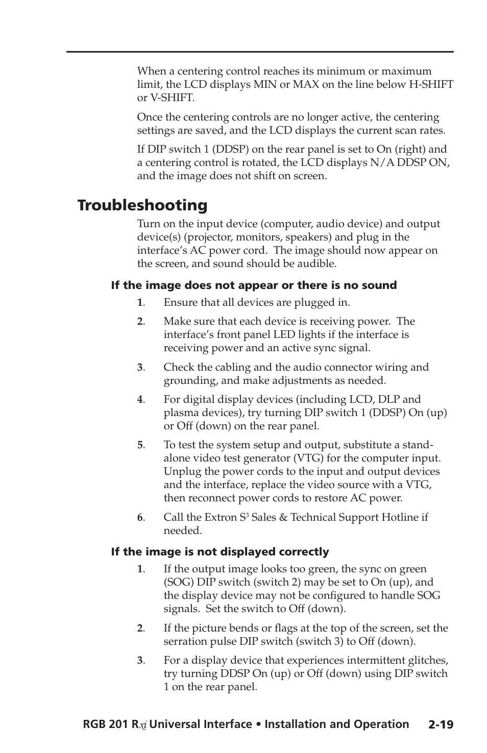 Troubleshootinng, If the image does not appear or there is no sound, If the image is not displayed correctly | Troubleshooting | Extron Electronics RGB 201 User Manual | Page 31 / 46