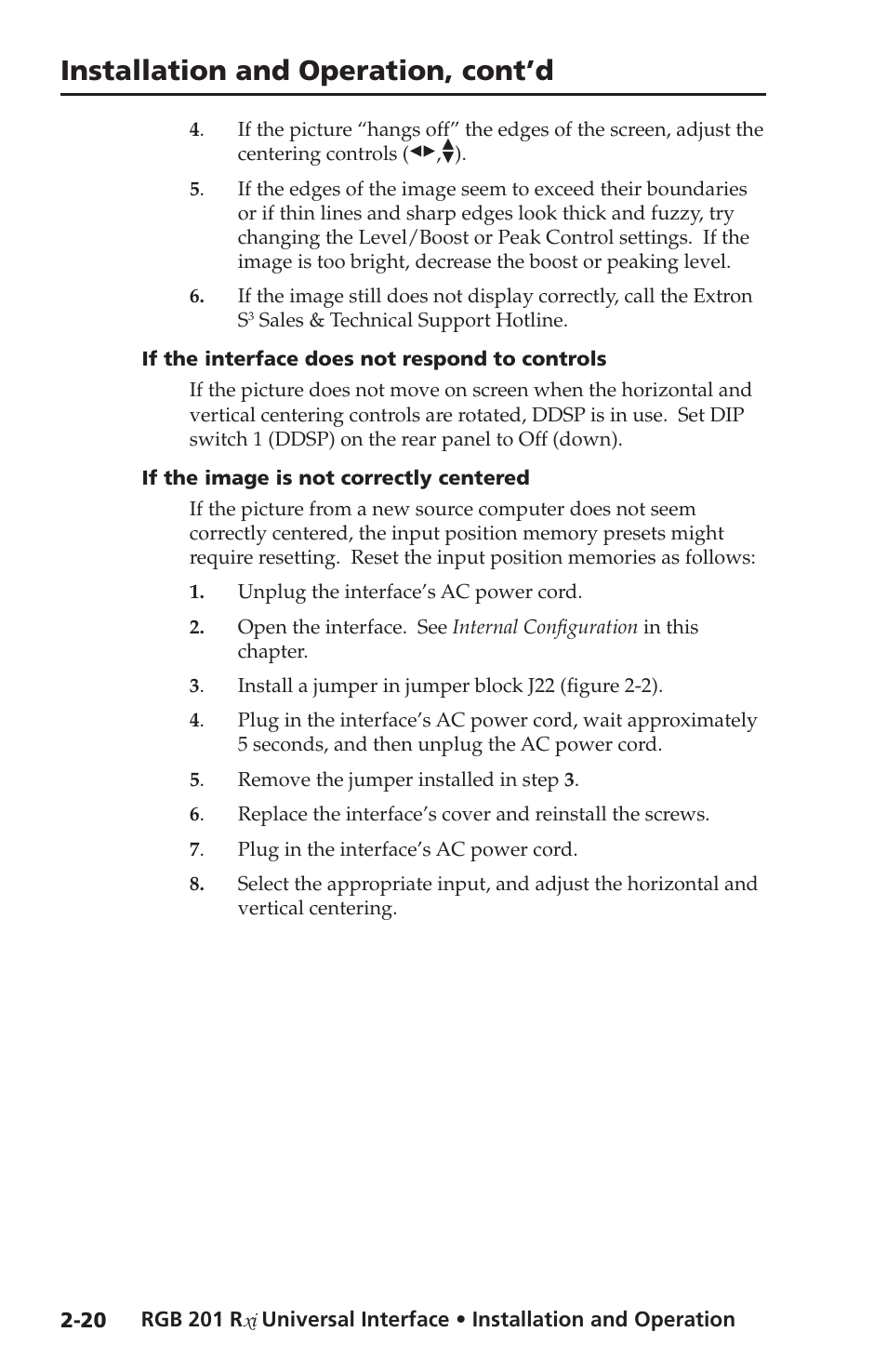 If the interface does not respond to controls, If the image is not correctly centered, If the image does not respond to controls | Installation and operation, cont’d | Extron Electronics RGB 201 User Manual | Page 32 / 46