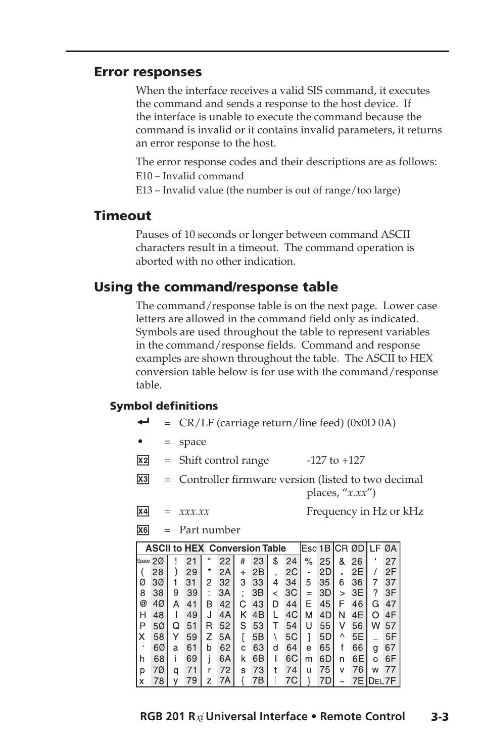 Error responses, Timeout, Using the command / response table | Symbol definitions, Using the command/response table | Extron Electronics RGB 201 User Manual | Page 35 / 46