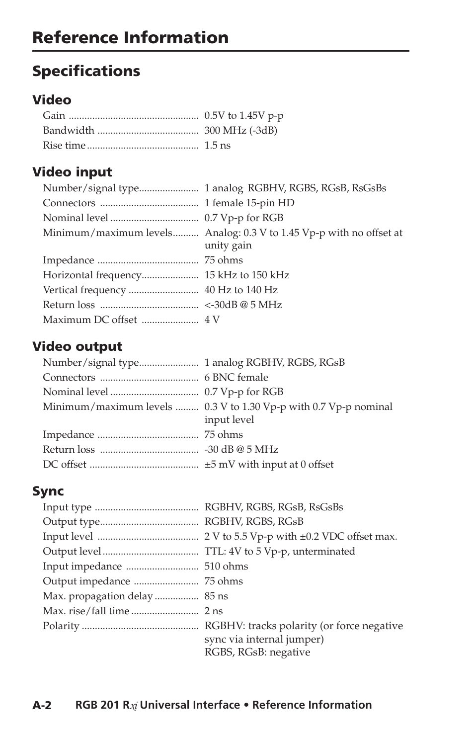 Specifications, Reference information, Reference information, cont’d | Extron Electronics RGB 201 User Manual | Page 40 / 46