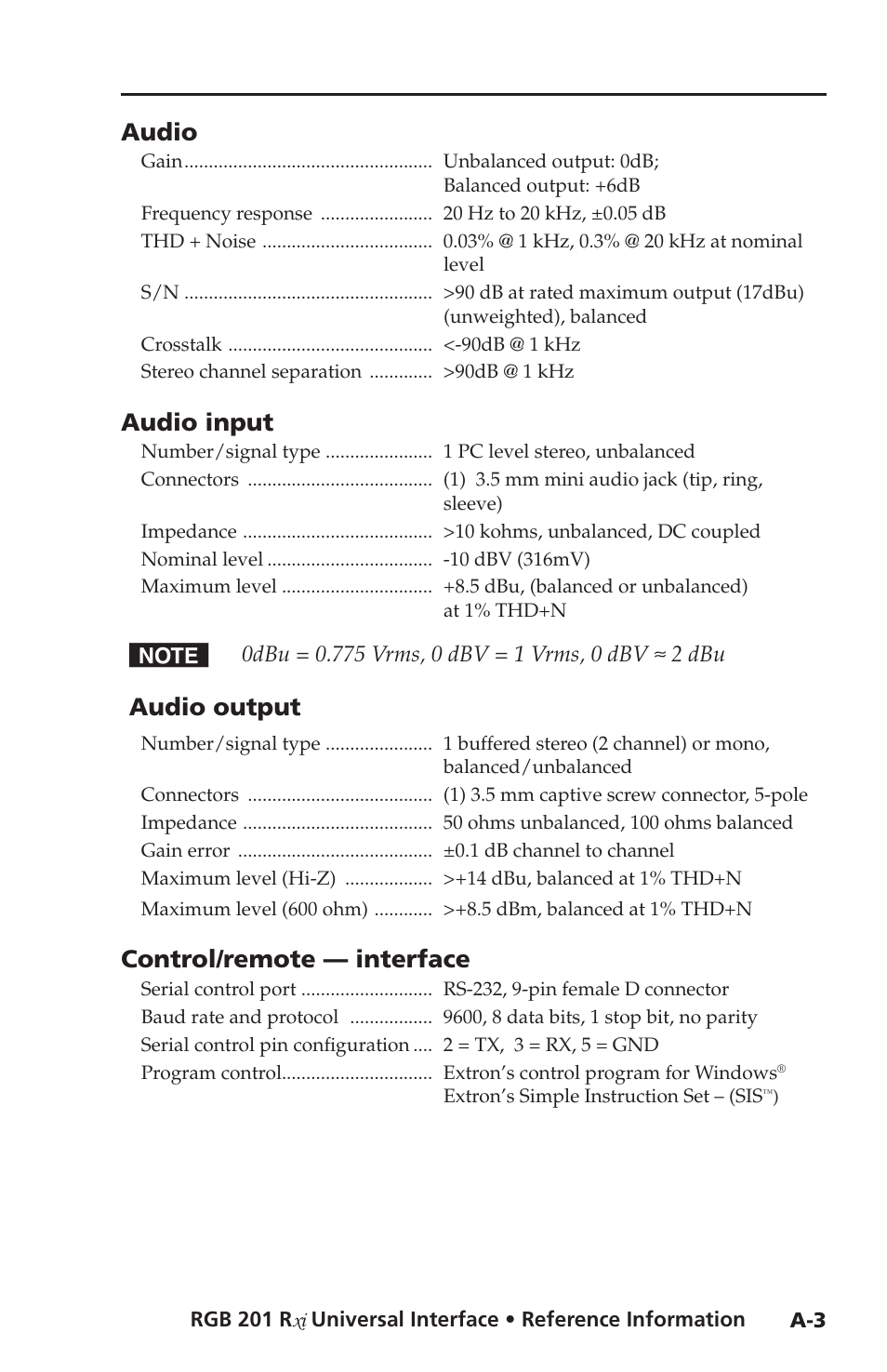 Audio, Audio input, Audio output | Control/remote — interface | Extron Electronics RGB 201 User Manual | Page 41 / 46
