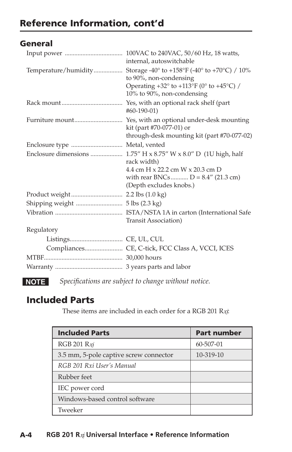 Included parts, Reference information, cont’d, General | Extron Electronics RGB 201 User Manual | Page 42 / 46