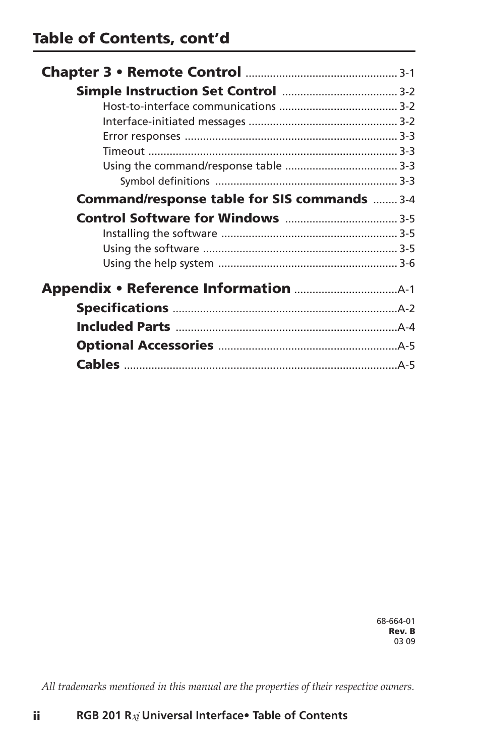 Table of contents, cont’d, Chapter 3 • remote control, Appendix • reference information | Extron Electronics RGB 201 User Manual | Page 8 / 46