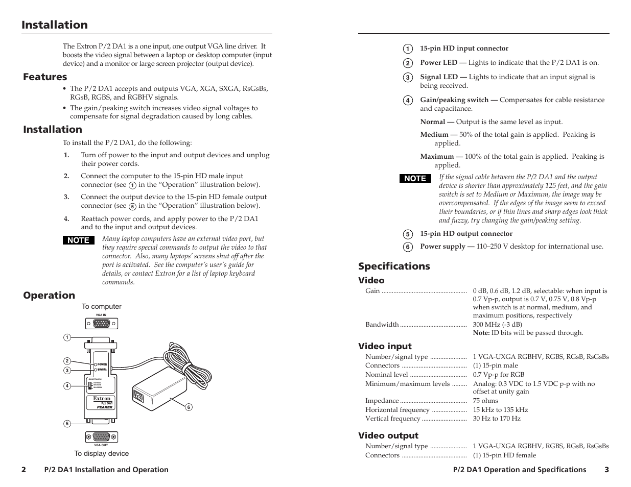 Installation, Features, Operation | Specifications, Video, Video input, Video output | Extron Electronics P-2 DA1 User Manual | Page 2 / 3