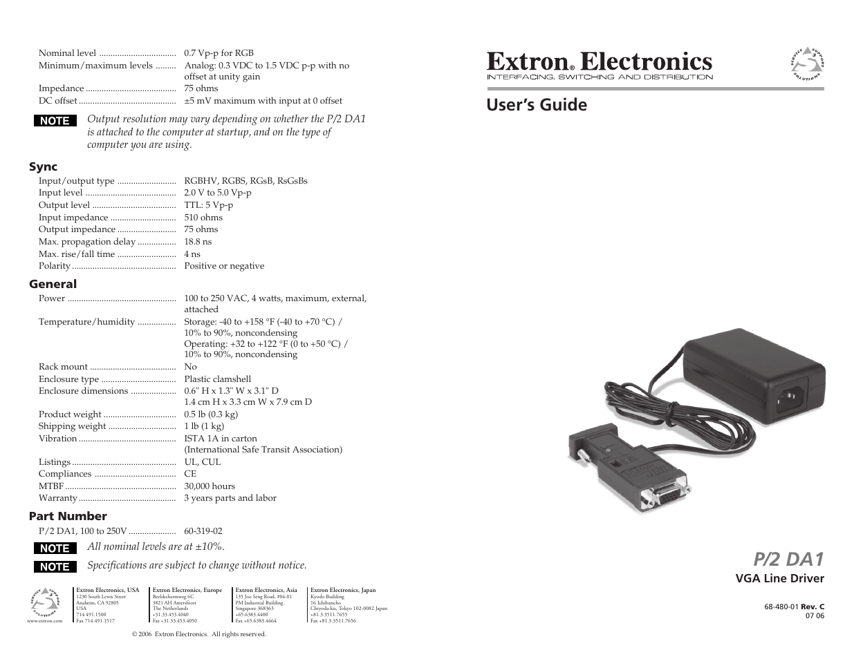 P/2 da1, User’s guide | Extron Electronics P-2 DA1 User Manual | Page 3 / 3