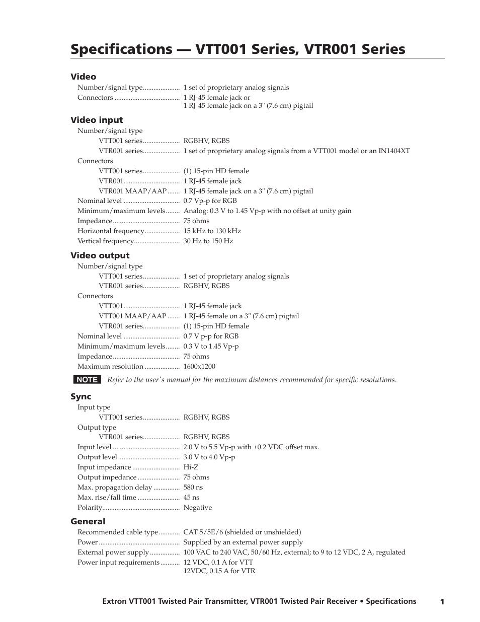 Extron electronic Twisted Pair Transmitter VTT001 User Manual | 2 pages