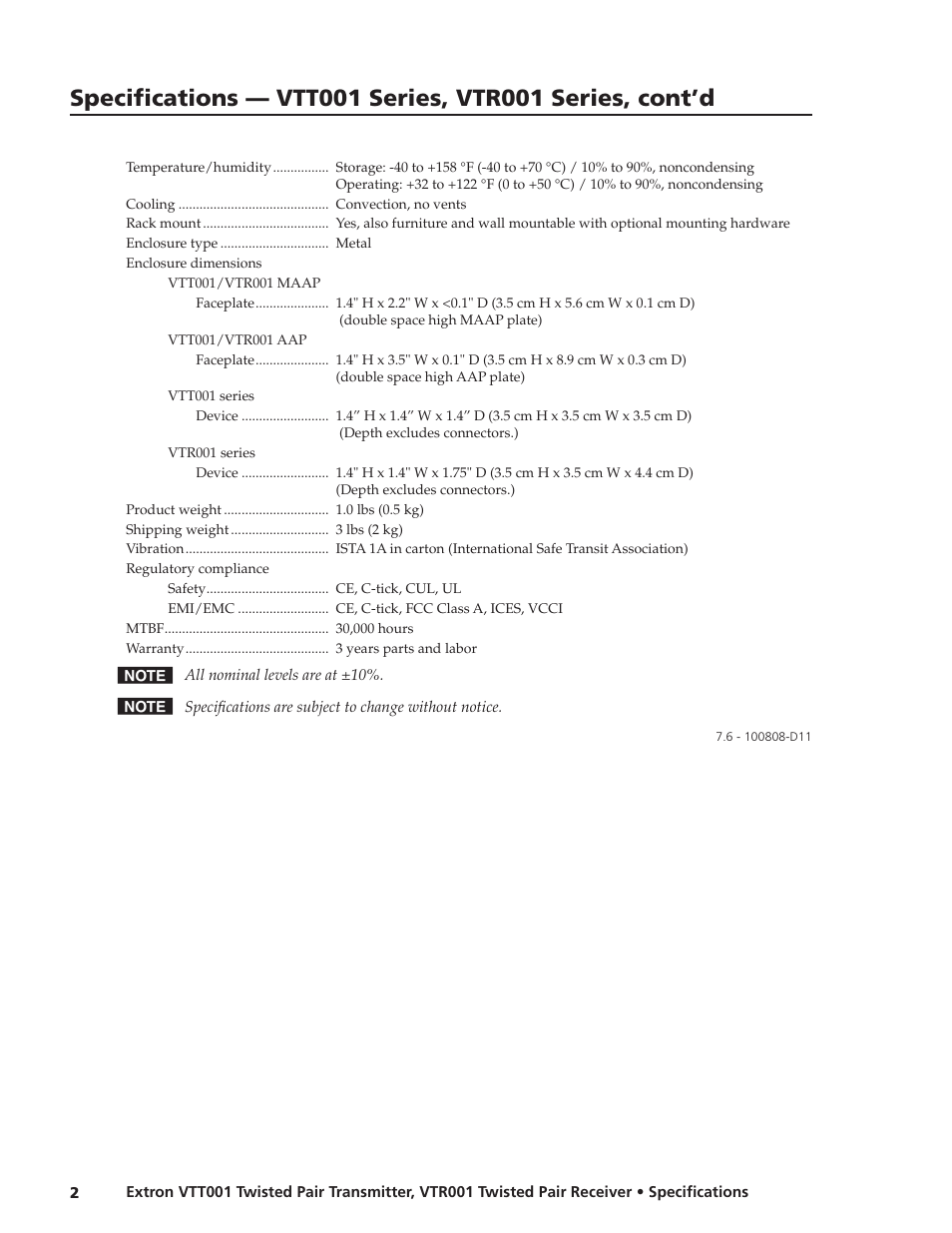 Extron electronic Twisted Pair Transmitter VTT001 User Manual | Page 2 / 2