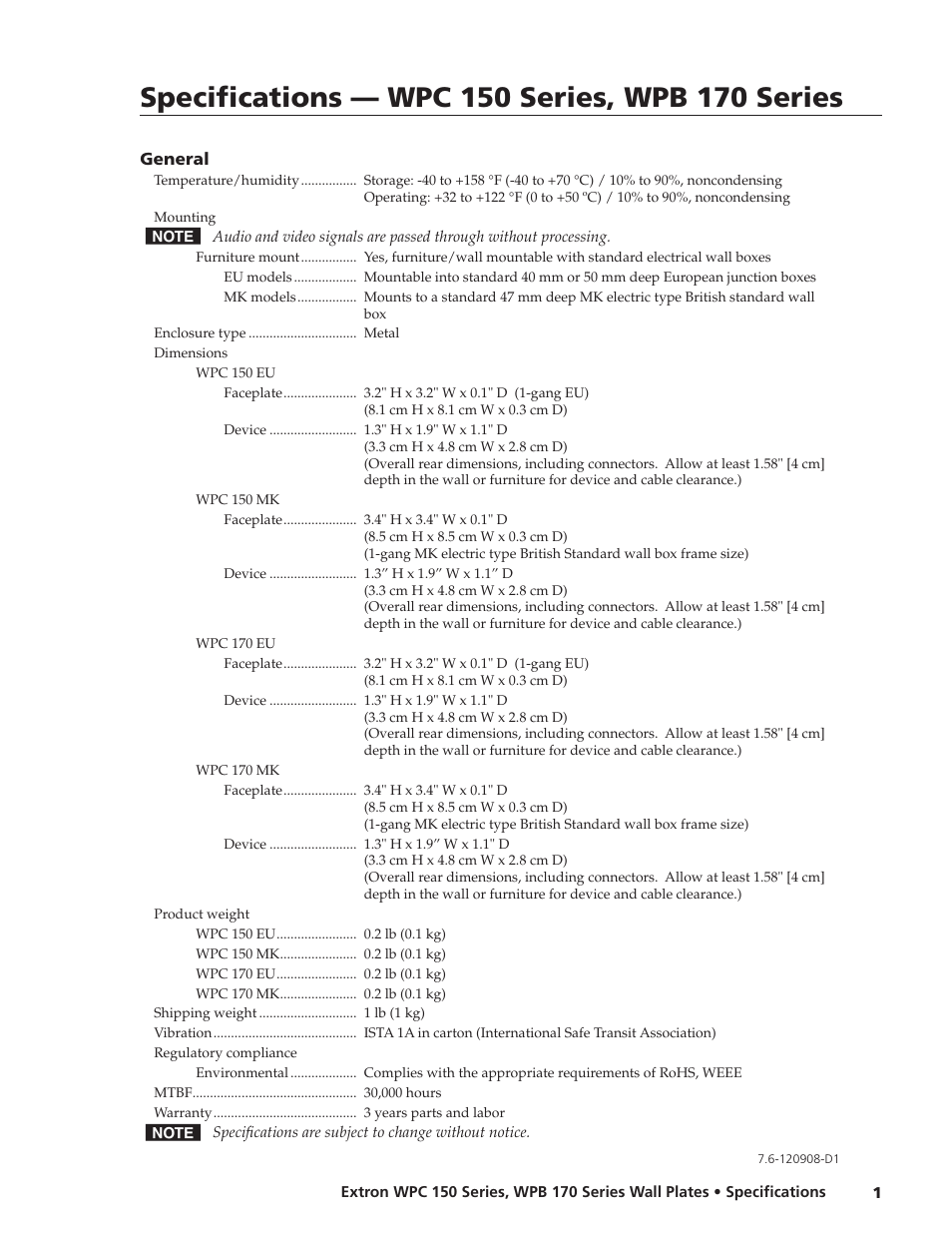 Extron electronic Wall Plates WPB 170 User Manual | 1 page