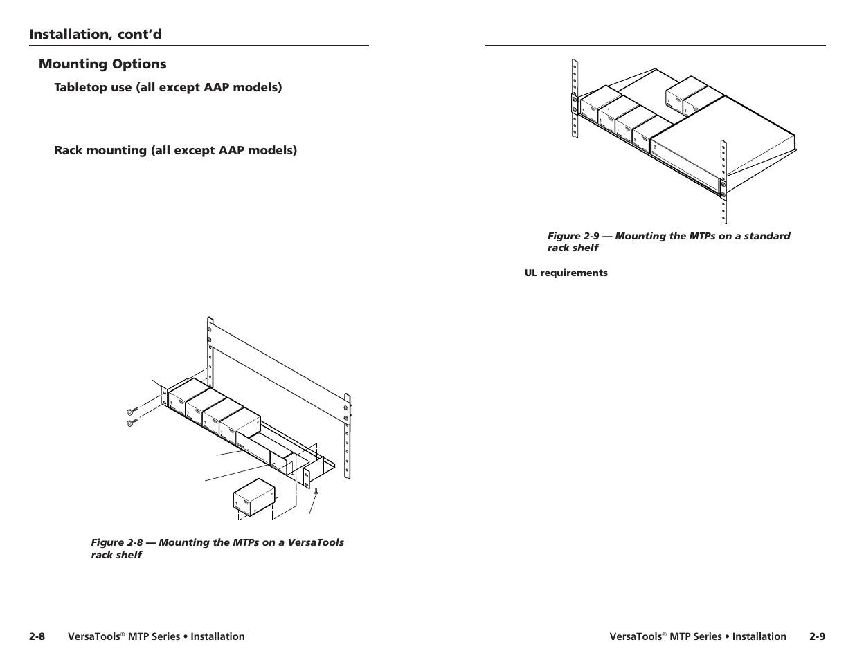 Mounting options, Tabletop use (all except aap models), Rack mounting (all except aap models) | Ul requirements, Installation, cont’d, Mda series distrib ution amplifier | Extron Electronics VersaTools MTP Series User Manual | Page 11 / 22