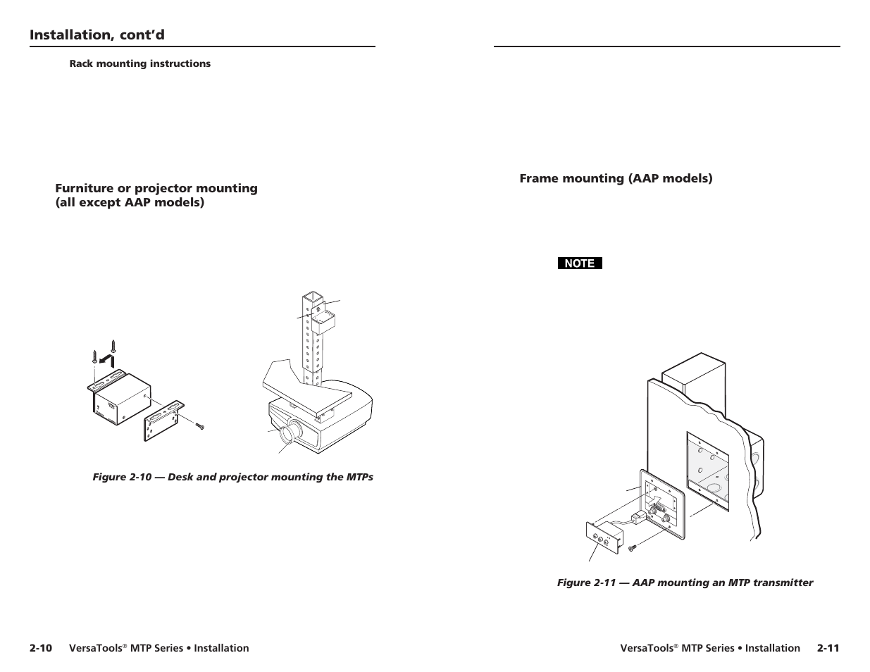 Rack mounting instructions, Frame mounting (aap models), Installation, cont’d | Au dio in video in l r mtp t av aap | Extron Electronics VersaTools MTP Series User Manual | Page 12 / 22