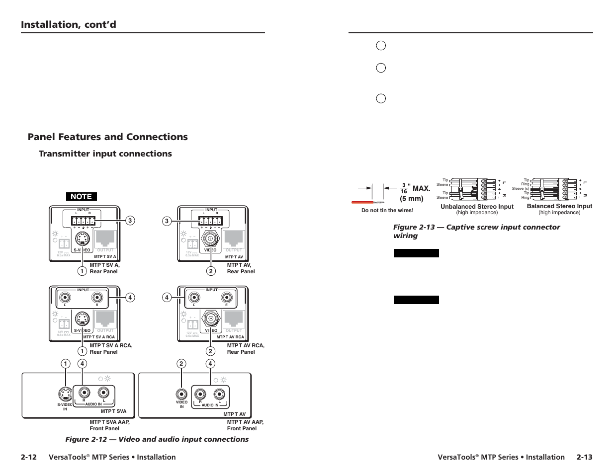 Panel features and connections, Transmitter input connections, Installation, cont’d | Caution | Extron Electronics VersaTools MTP Series User Manual | Page 13 / 22