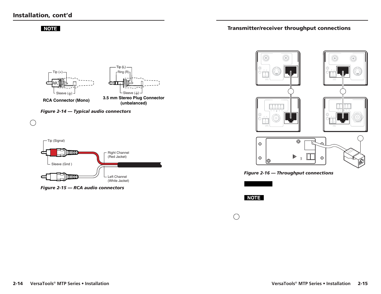 Transmitter/receiver throughput connections, Installation, cont’d, Caution | Versatools, Mtp series • installation versatools, Mtp series • installation, Figure 2-14 — typical audio connectors, Figure 2-15 — rca audio connectors, Figure 2-16 — throughput connections | Extron Electronics VersaTools MTP Series User Manual | Page 14 / 22