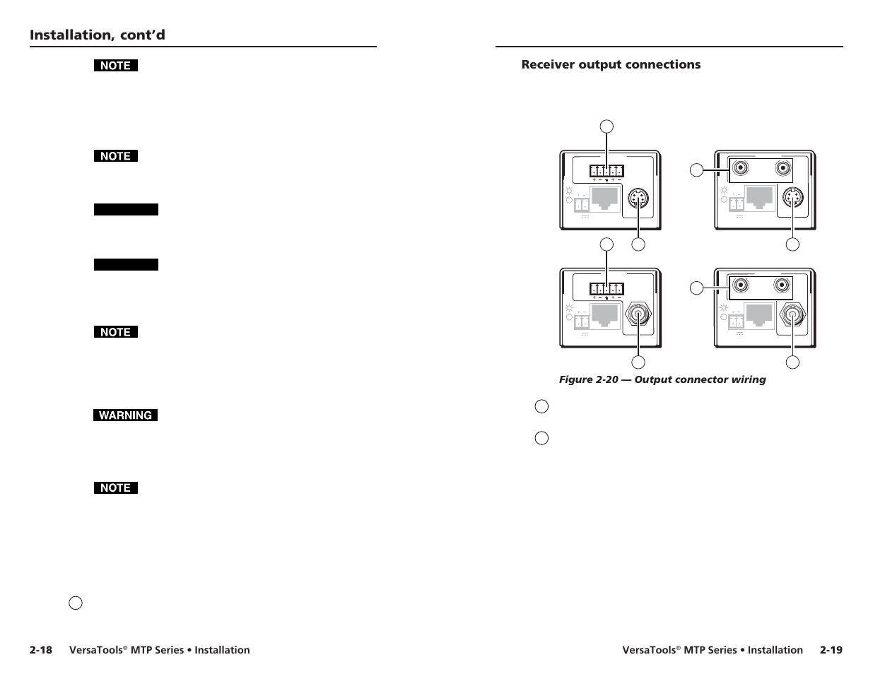 Receiver output connections, Installation, cont’d, Caution | Extron Electronics VersaTools MTP Series User Manual | Page 16 / 22