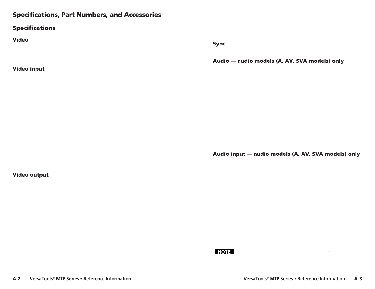 Specifications, Specifications, part numbers, and accessories | Extron Electronics VersaTools MTP Series User Manual | Page 19 / 22