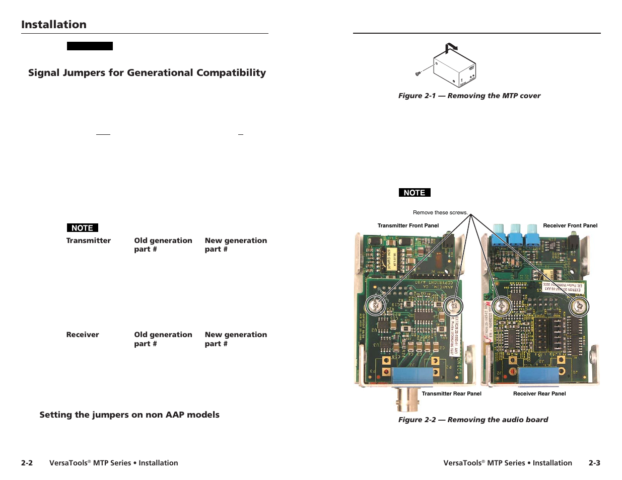 Signal jumpers for generational compatibility, Setting the jumpers on non aap models, Installation | Extron Electronics VersaTools MTP Series User Manual | Page 8 / 22