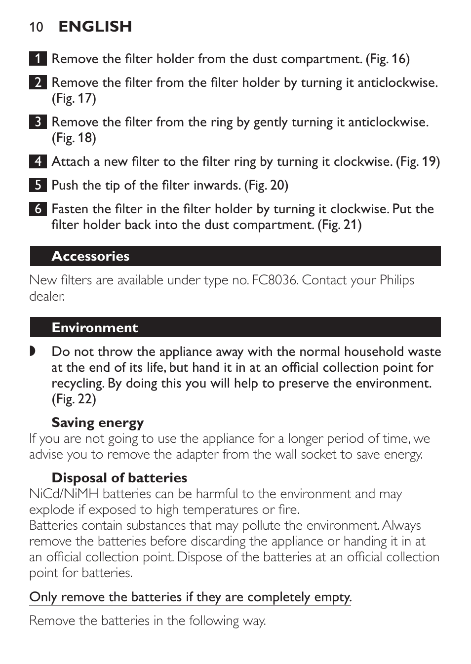 Saving energy, Disposal of batteries, Accessories | Environment | Philips FC6055 User Manual | Page 10 / 152