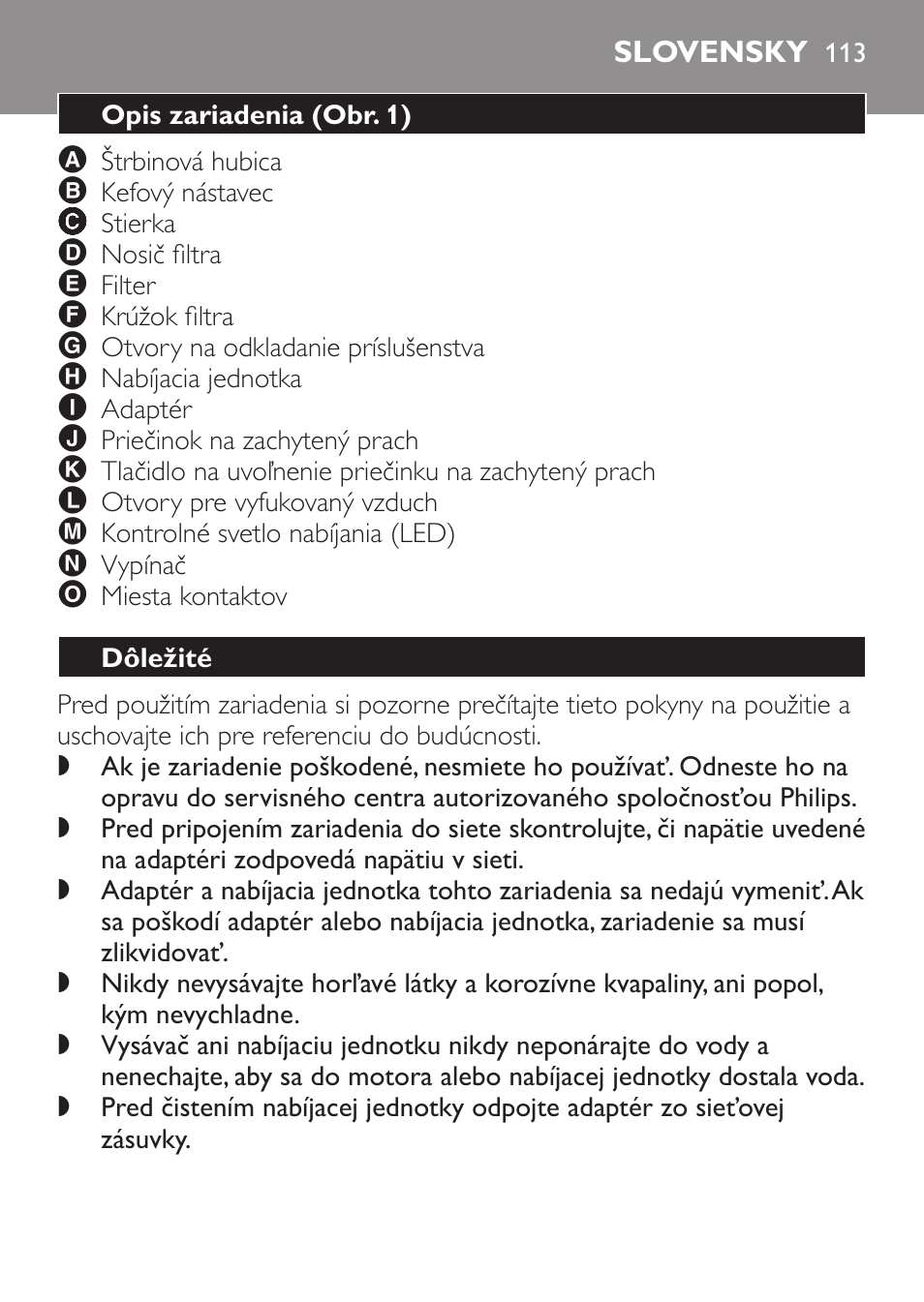 Slovensky, Opis zariadenia﻿ (obr. 1), Dôležité | Philips FC6055 User Manual | Page 113 / 152