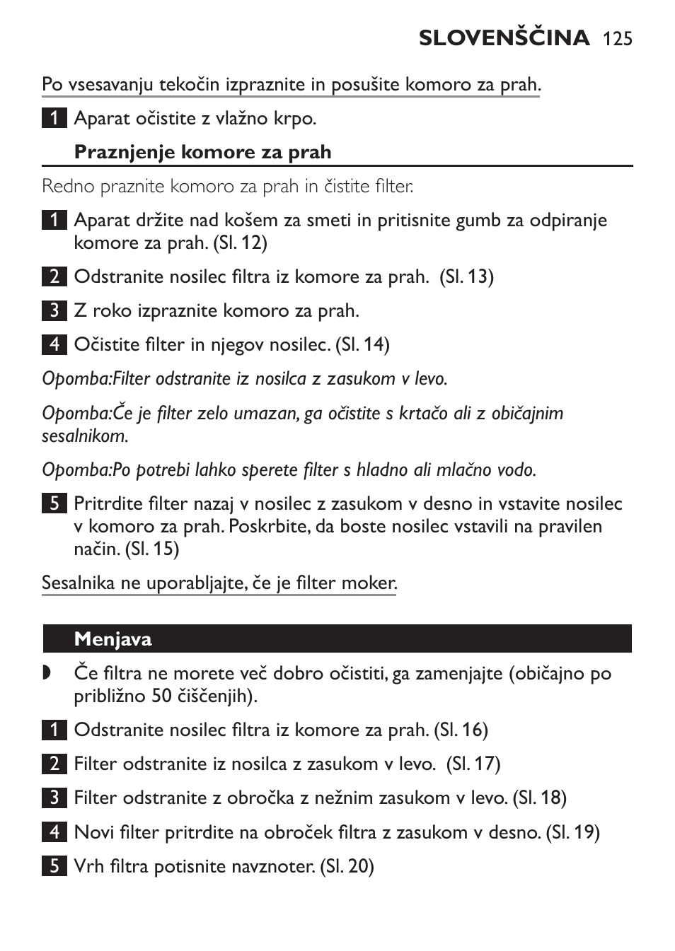 Praznjenje komore za prah, Menjava | Philips FC6055 User Manual | Page 125 / 152