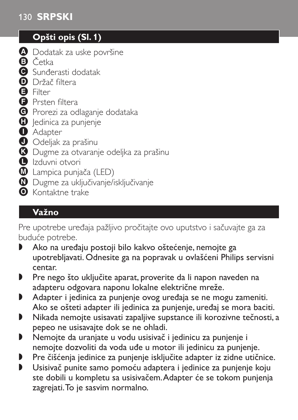 Srpski, Opšti opis﻿ (sl. 1), Važno | Philips FC6055 User Manual | Page 130 / 152