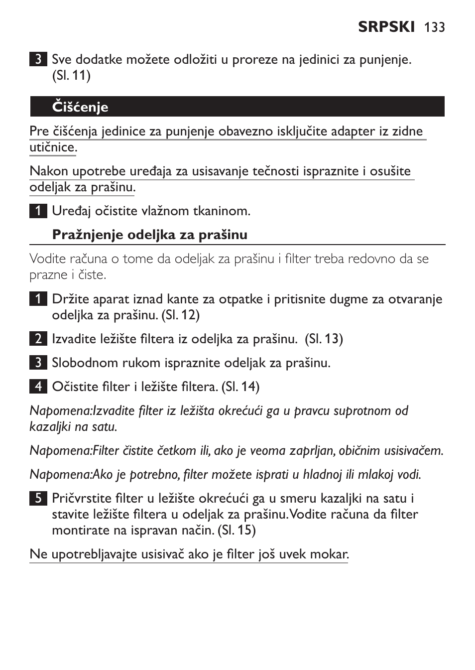 Čišćenje, Pražnjenje odeljka za prašinu | Philips FC6055 User Manual | Page 133 / 152