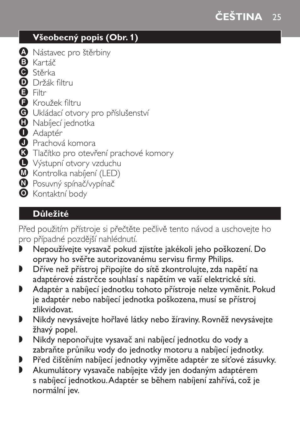 Čeština, Všeobecný popis﻿ (obr. 1), Důležité | Philips FC6055 User Manual | Page 25 / 152