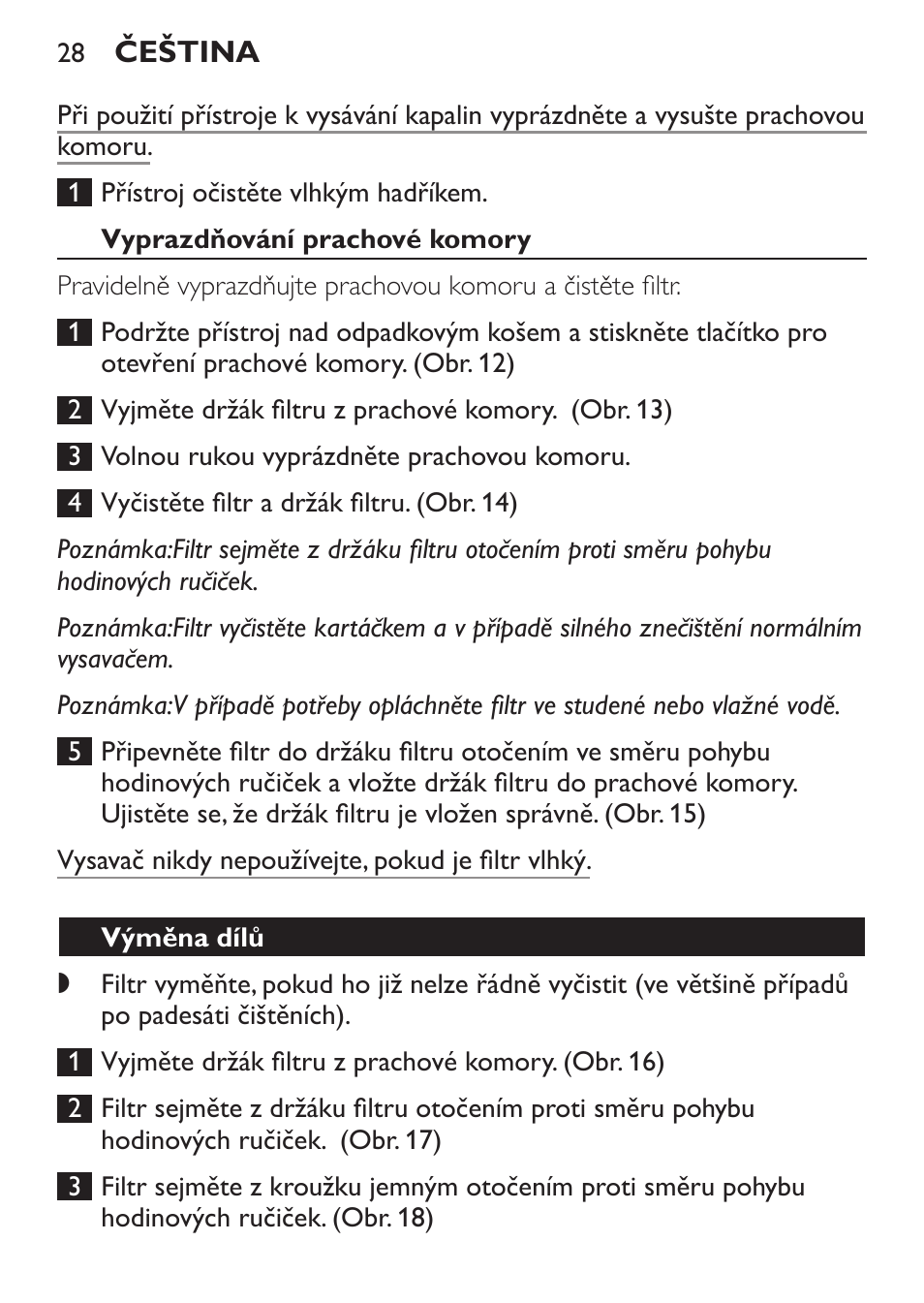 Vyprazdňování prachové komory, Výměna dílů | Philips FC6055 User Manual | Page 28 / 152