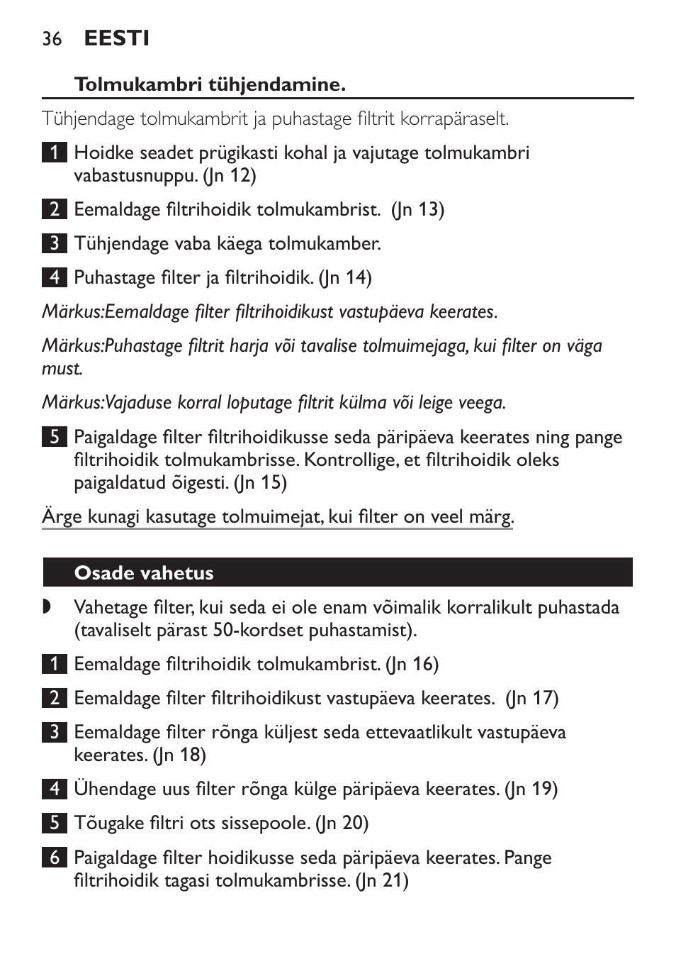 Osade vahetus | Philips FC6055 User Manual | Page 36 / 152