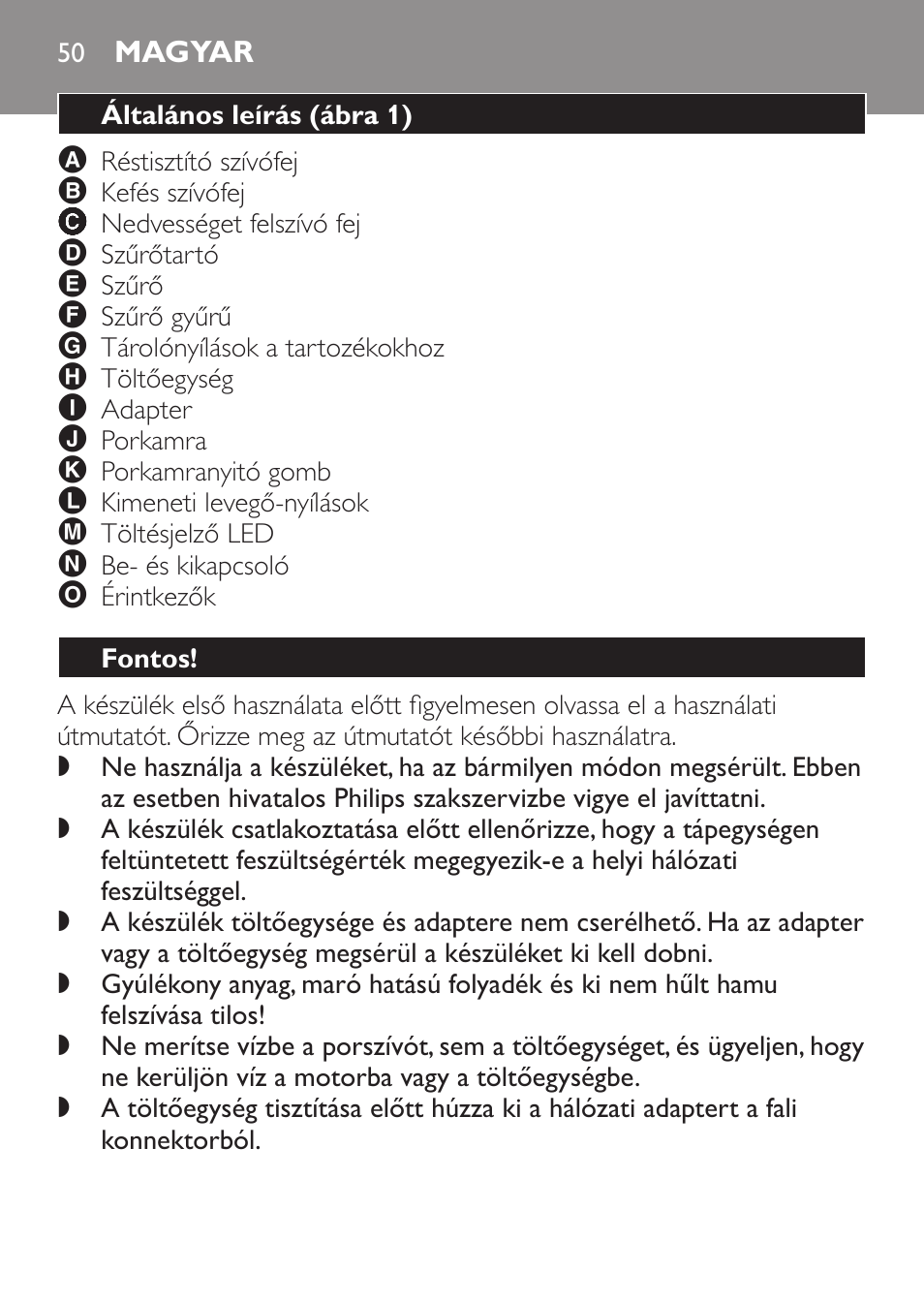 Magyar, Általános leírás﻿ (ábra 1), Fontos | Philips FC6055 User Manual | Page 50 / 152